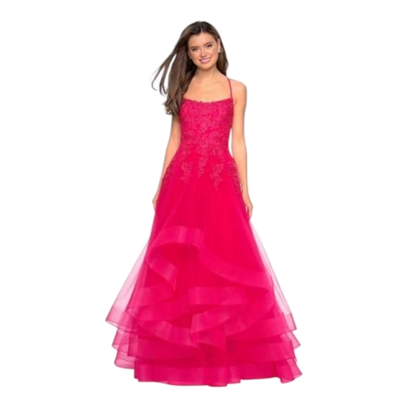 La Femme Pink Lace Tulle Gown Size 4 Prom Formal Dress Crisscross Back - Picture 1 of 13